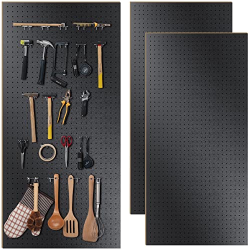 2 Pcs Wood Pegboard High Density Fiberboard 24 x 48 Inches Wall Mount Display Black Pegboard with Mounting Hardware Round Hole Peg Boards for Walls, Garage Craft Room Workshop Organizers and Storage