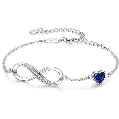 CDE Infinity Heart Birthstone Charm Link Bracelet for Women 925 Sterling Silver Adjustable Mother's Day Christmas Day Gift Anniversary Birthday Jewelry for Wife Girlfriend Her
