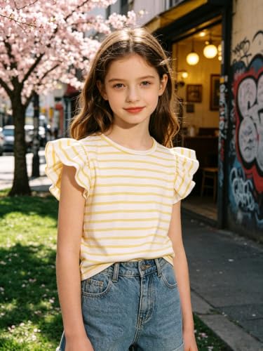 Image of Girls 4 Packs Tees Ruffle Short Sleeve T-Shirt Ribbed Knit Casual Summer Tunic Tops 4-12 Years