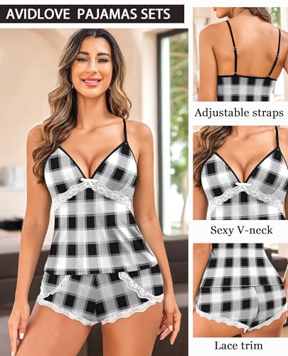 Image of Avidlove Sexy Pajamas Set for Women Lace Modal Cute Lingerie Sets 2 Piece Cami Pj Shorts Set Sleepwear