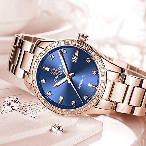 Image of Women's Diamond Automatic Mechanical Rose Gold Stainless Steel Sapphire Waterproof Lady's Elegant Blue Watch