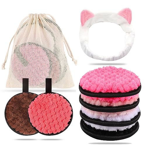 6 Stück Abschminkpads Waschbar, 11,5 cm Wiederverwendbare Mikrofaser-reinigungspads mit Haarband Kosmetik und Waschbarem Wäschesack für Gesichtsreinigung Hautpflege