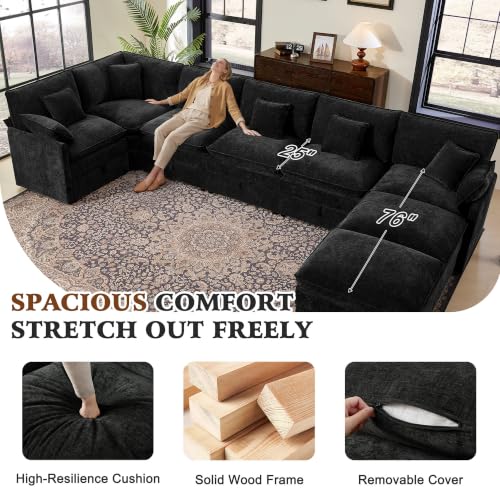Image of Ihanherry Oversized Modular Sectional Sofa with Storag, 8-Seater V Shaped Cloud Couch with Movable Ottomans, Chenille Deep Seat Corner Couches for Living Room (Black)