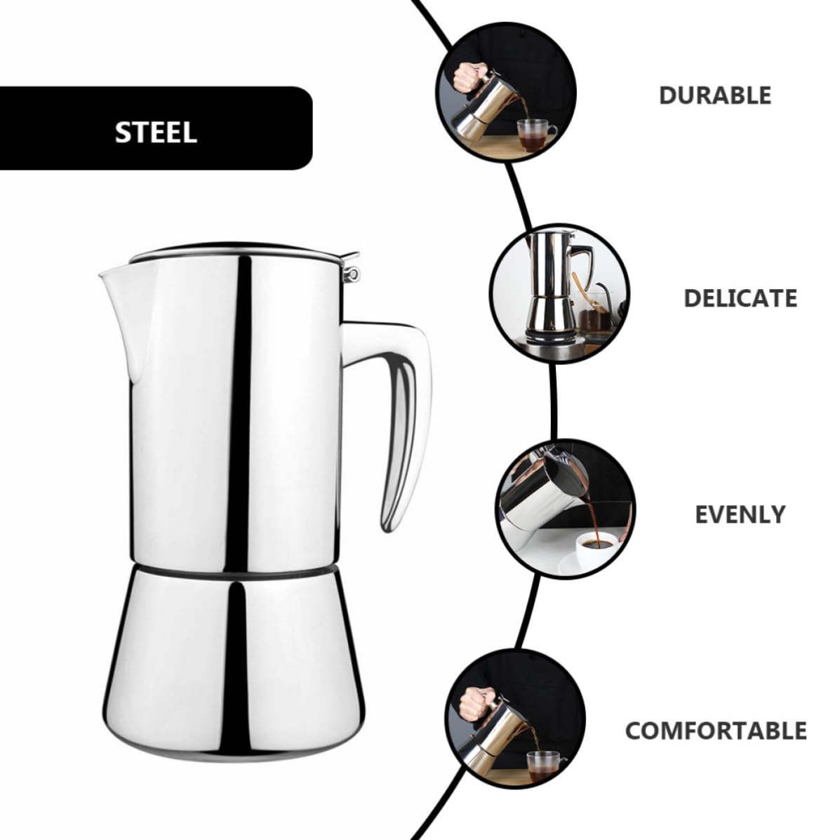 Cafetera Italiana de Acero Inoxidable 200ml Mango Antiquemaduras, Apta para Estufas de Inducción, Adecuado para Uso en Casa o Cafeterías
