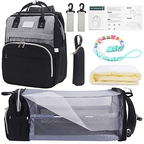 Waterproof Crib Diaper Bag Backpack,Waterproof Travel Bassinet Foldable Baby Bed with Changing Station for Travel Bed Diaper Pad Stroller Organizer (Black+Grey)