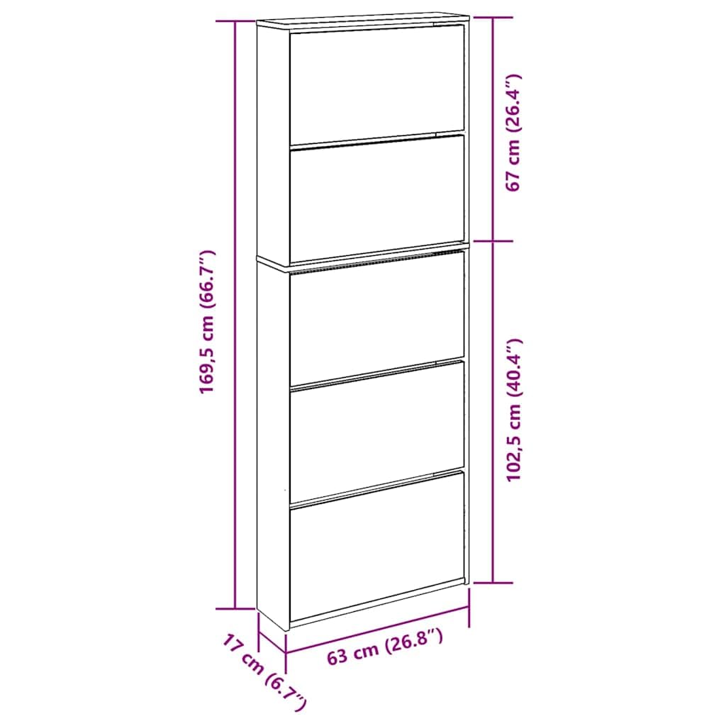 vidaXL Mueble Zapatero 5 Cajones con Espejo Organizador Mobiliario Salón Dormitorio Sala de Estar Almacenamiento 63x17x169,5cm Blanco