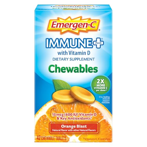 Emergen-C Immune+ Chewables 1000mg Vitamin C with Vitamin D Tablet, Immune Support Dietary Supplement for Immunity, Orange Blast Flavor - 42 Count