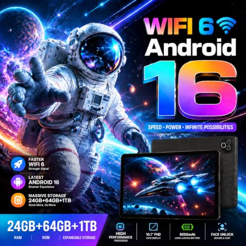 Image of 2026 Android 16 Tablet 10.1 Inch with 24GB RAM 64GB ROM, 1TB TF Card Expandable, 6000mAh Battery, Dual Band WiFi, BT5.4, Dual HD Cameras, Portable Tablet for Study, Business&Entertainment