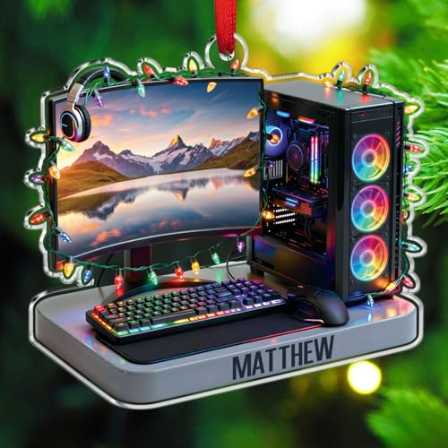 Gaming Computer Christmas Ornament with Photo & Name, Personalized Gamer PC 2D Flat Acrylic Ornament, Computer Ornaments for Christmas 2026, Customized Ornaments Gift for Tech Lovers Streamer Gamer