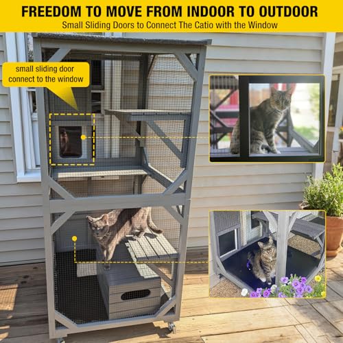 Aivituvin Cat House Outdoor Cat Catio Wooden Large Enclosure with Run on Wheels 70.9" Upgraded Version Catio with Reinforcement Strip,Waterproof Roof (Grey)