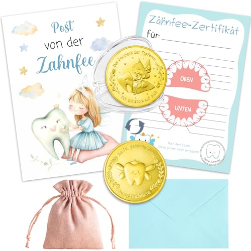 Zahnfee Geschenksets Glücksstein Zahnfee Münze mit Karte & Umschlag Zahnfeen Taler Goldmünze Verlorenen Zahn Kinder Geschenke Souvenir für den ersten Zahnverlust und besondere Erinnerungen