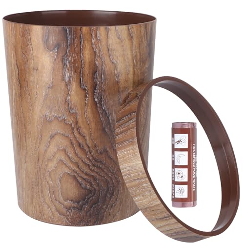 POPETPOP レトロ木目調ゴミ箱 袋落ち防止 玄関 リビング 寝室用 環境配慮素材 おしゃれな丸型デザイン 多用途キッチン バスルーム対応