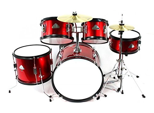 Batteria Junior 5 Pezzi in Multistrato di Betulla con Cassa da 16", Completa di Accessori, Colore Rosso