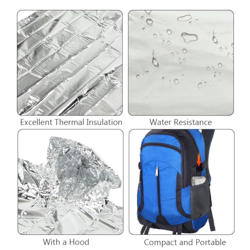 Image of Tiiyee Emergency Blanket, Mylar Thermal Blanket Emergency Silver Foil Rain Poncho with Hood for Outdoors Travel Hiking Camping Body Warmer First Aid Metallized Covering Sheet Survival Rescue Gear
