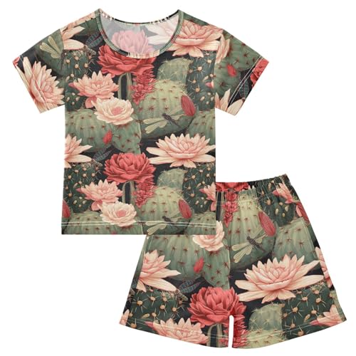 ALAZA Cactuses Dragonfly Pajama Set Short Sleeve Sleepwear Soft Lounge Nightwear
