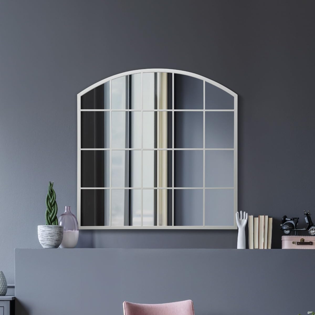MirrorOutlet The Arcus - White Framed Window Modern Full Length Arched Leaner/Wall Mirror 39" X 39" (100CM X 100CM) Silver Mirror Glass with Black All weather Backing.