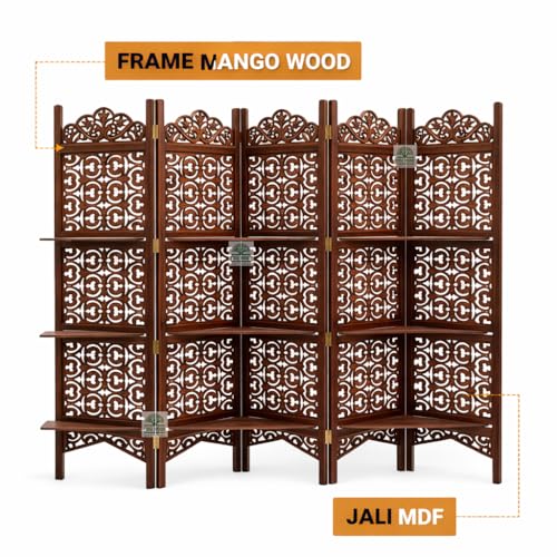 Image of Wooden Room Divider 6 Feet, 5-Panel Folding Wooden Partition for Living Room, Office, Pooja Room, Restaurant, Kitchen & Balcony
