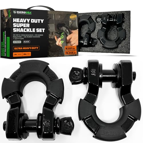 Image of Rhino USA Super D Ring Shackles (2-Pack) - 70,548lb Break Strength - Heavy Duty 3 /4 inch Clevis Shackle with 7 /8 Pin for Towing & Off-Road Use - Pairs with Tow Strap for Vehicle Recovery (Black)