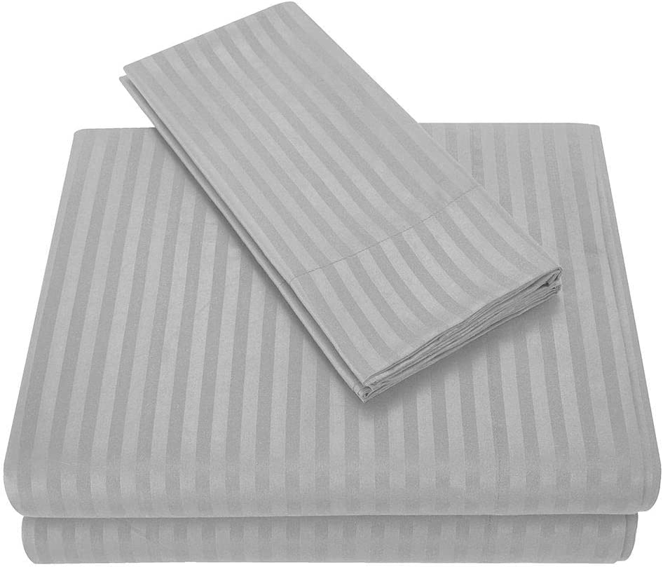 400 Thread Count Cotton Bed Sheets Set 4 PCs, 100% Egyptian Cotton, Soft Sateen Bed Sheets Set, 35 CM Deep Pocket of Fitted Sheet, Light Grey Stripe, Double