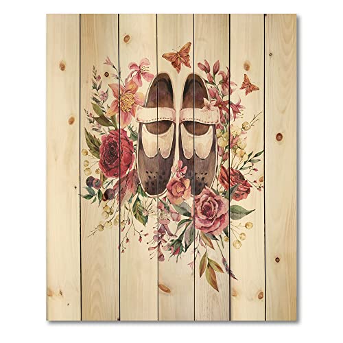 Image of DesignQ Vintage Oxford Shoes With Wildflowers Farmhouse Wood Wall Decor, White Wood Wall Art, Large Floral Wood Wall Panels Printed On Natural Pine Wood Art