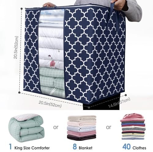 Image of Non-woven Printed Storage Bags [3 Pack /100L] Large Blanket Clothes Organization and Storage Containers for Comforters, Bedding, Foldable Organizer, Blue, Non-Woven Fabric