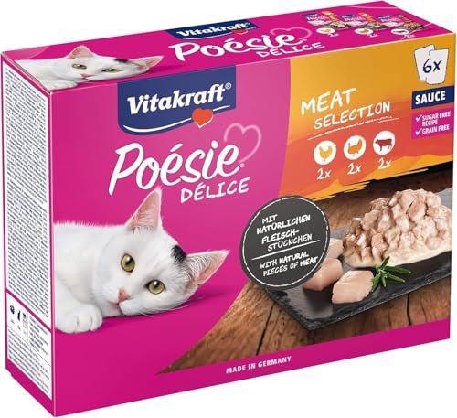 Vitakraft Poésie Délice, sélection de viandes, nourriture humide pour chats, en sauce, avec du poulet, de la dinde, du bœuf (1 paquet de 6x85g)