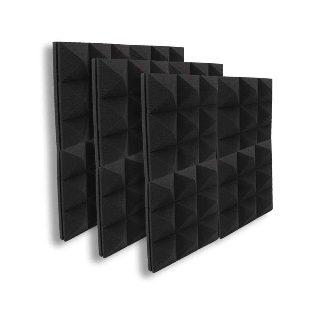 Panele z pianki akustycznej, 5 x 30 x 30 cm, dźwiękoszczelna wyściółka na ścianę, dekoracyjne, dźwiękoszczelne płytki ścienne, obróbka akustyczna, piankowa poduszka, czarne, 12 szt