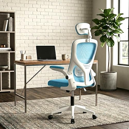 Image of Blue White | High Back Imported Mesh Fabric Boss Office Chair | Y Design Ergonomic Back Support | 2D Aero Design Adjustable Armrests | Synchro Tilt Lock Mechanism Support