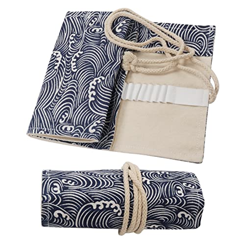 Image of Canvas Pencil Wrap Case, 48 Holes Colored Pencil Roll Holder Storage Pouch for Office (48 Holes, Deepblue)