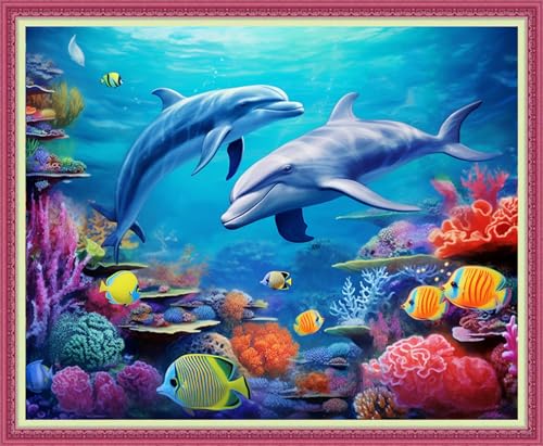 Image of Disnesart Cross Stitch Stamped Full Embroidery Kits DIY 11CT Cotton Thread Printed DIY Needlepoint Kits Craft Needlework Set Cross-Stitch Stamped Sets-Dolphin Underwater World 16x20 inch