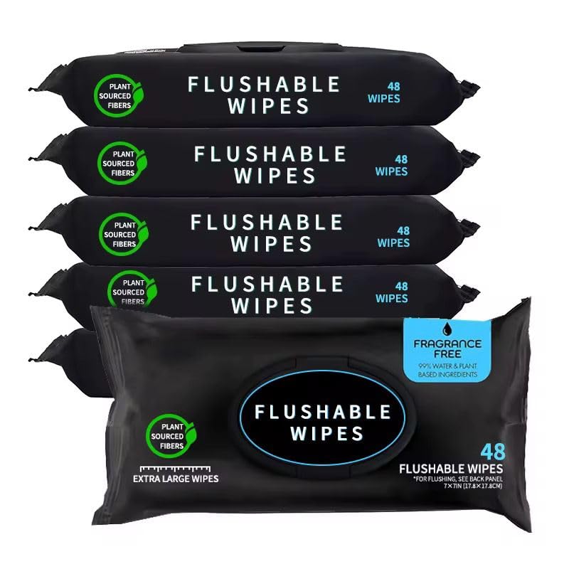 Flushable Toilet Wipes Fragrance Free Adult Wet Wipes Septic Safe Hypoallergenic Plant Based Fibers Extra Soft Wipes 48 Count (5 Pack)