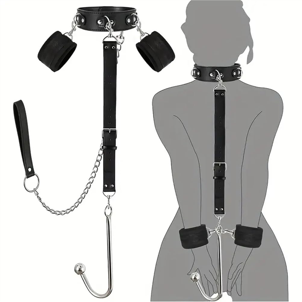 1 Set de Collar de Cuero Negro Ajustable con Gancho para Esposas, Haz el Juego Más Divertido