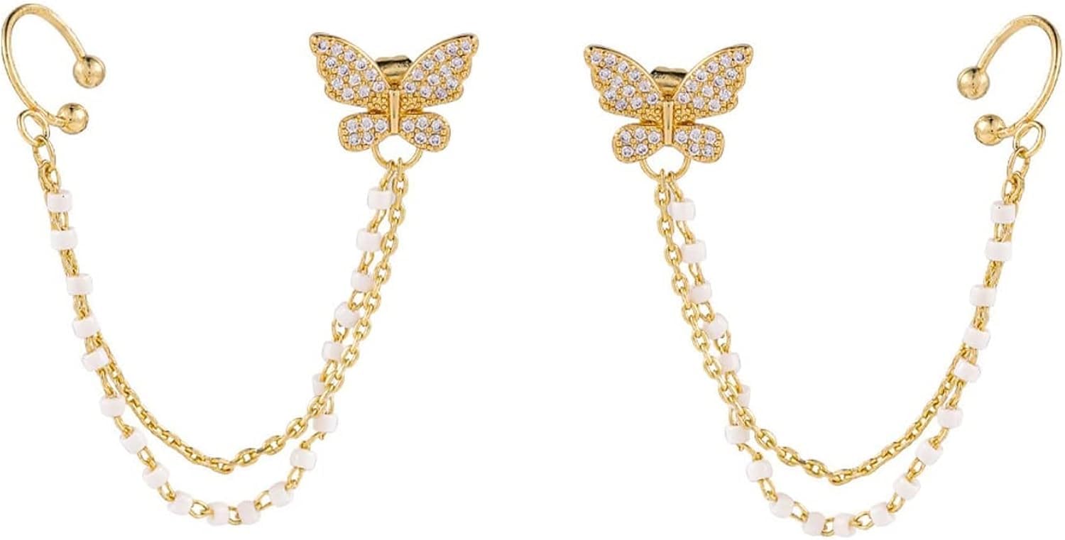 Gold Plated Korean Chain Ear Cuff Butterfly Stud Earrings for Women and Girls - Elegant Jewelry for Every Occasion (B0D9LZ9SD9) Amazon Price History, Amazon Price Tracker