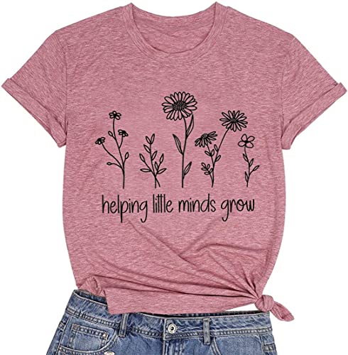 Helping Little Minds Grow T-Shirt Frauen inspirierende Lehrerhemden süße Wildblumen Grafik Tees Kurzarm Tops, rose, Groß Cover