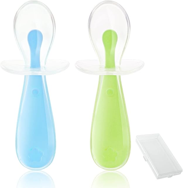 Vicloon Self-Feeding Weaning Spoons, 2pcs Silicone Baby Spoons, Silicone Self Feeding Utensil Easy Grip Toddler Cutlery Kit for weaning and Learning to use Cutlery