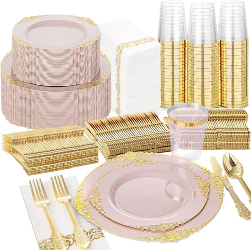 Nervure 350PCS Pink Plastic Plates - Pink Plastic Dinnerware Sets for 50 Guests - 100 Disposable Plates 150 Gold Silverware 50 Cups 50 Napkins Perfect for Wedding & Party