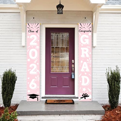 Image of Graduation Porch Banner Class Sign Congrats Grad Hanging Flags High School College University Party Decoration For Front Door Outdoor Pink