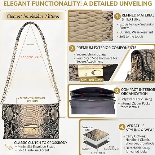 Image of Women's Retro Chain Shoulder bag Snake Print Purse, Leather Crossbody Bag Handbag Evening Bag,Envelope Clutch