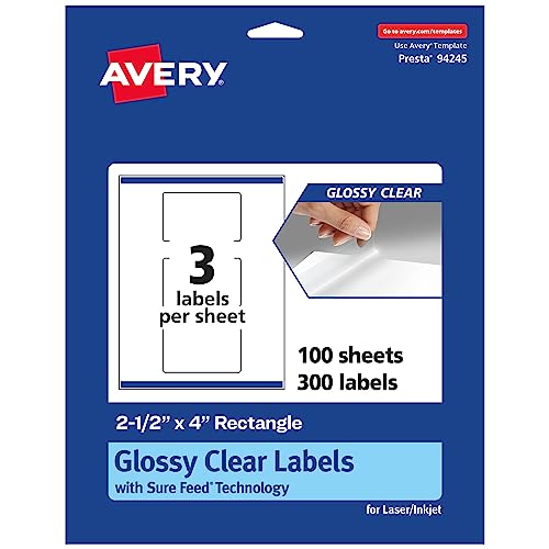 Image of Avery Glossy Clear Rectangle Labels with Sure Feed, 2.5" x 4", 300 Glossy Clear Labels, Print-to-The-Edge, Laser/Inkjet Printable Labels