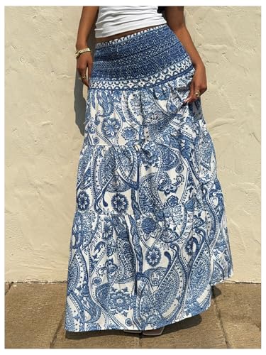 GORGLITTER Women's Boho Graphic Flowy Maxi Skirt High Waisted Tiered Ruffle Smocked A Line Beach Skirts2