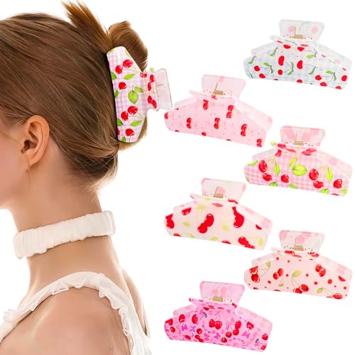 6PC Cherry Hair Claw Clips for Women Girls -Cute Printed Friut Hair Clips Non-slip Acrylic Red Cherry Hair Accessories for Thin/Thick Hair (trapezoid)