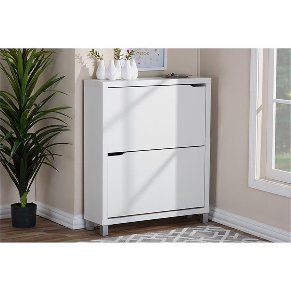 BOWERY HILL Modern 2 Shelf Shoe Storage Cabinet in White
