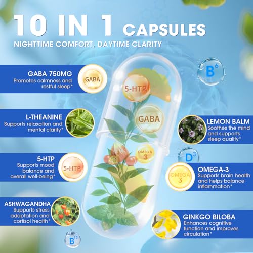 Image of GABA Supplements 750mg with L-Theanine & Ashwagandha for Calm & Sleep 2Pack | 10 in 1 Calm Capsules with 5HTP, Lemon Balm, Ginkgo Biloba, Omega-3 for Relaxation, Focus, Mood Support, Cortisol Balance