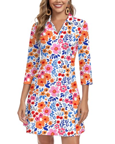 Image of WOWENY 3 /4 Sleeve Dress for Women with Pockets V Neck UPF 50+ Casual Sun Dress Breathable Quick Dry Beach Vacation