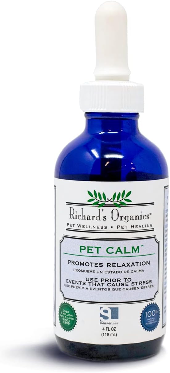 Richard’s Organics Pet Calm, 4 oz. Bottle – Natural Cat and Dog Anxiety Relief – 100% Natural Pet Stress Relief – Drug-Free Calming Drops, Settles Nerves and Reduces Hyperactivity