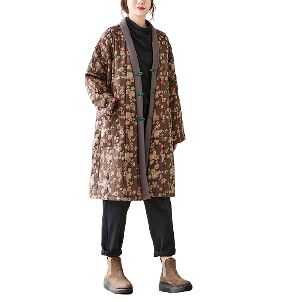 Damen Wintermäntel,Gesteppt,Lange,Lockere Kimono Jacke,Vintage Trenchcoat Mit Braunem V Ausschnitt,Schnalle,Pflaumenblüten Druck,Lässig,Warm,Baumwoll Leinen,Übergangs Outwear Mit Taschen