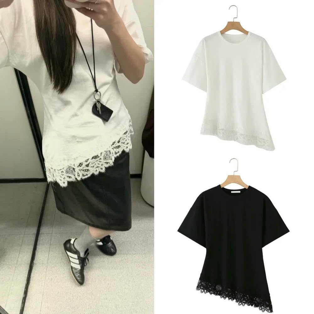QXDZSW damska asymetryczna koszulka z koronkowym obszyciem luźny bawełniany top wiosna moda minimalistyczna elegancka bluzka