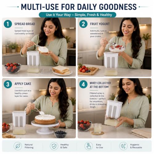 Image of Greek Yogurt Maker & Hung Curd Strainer | Paneer Maker | Curd Separator | 1100ml BPA-Free Container with Fine Mesh Strainer -Leakproof | Easy to Clean Whey Separator Kitchen Tool (Pack of 1)