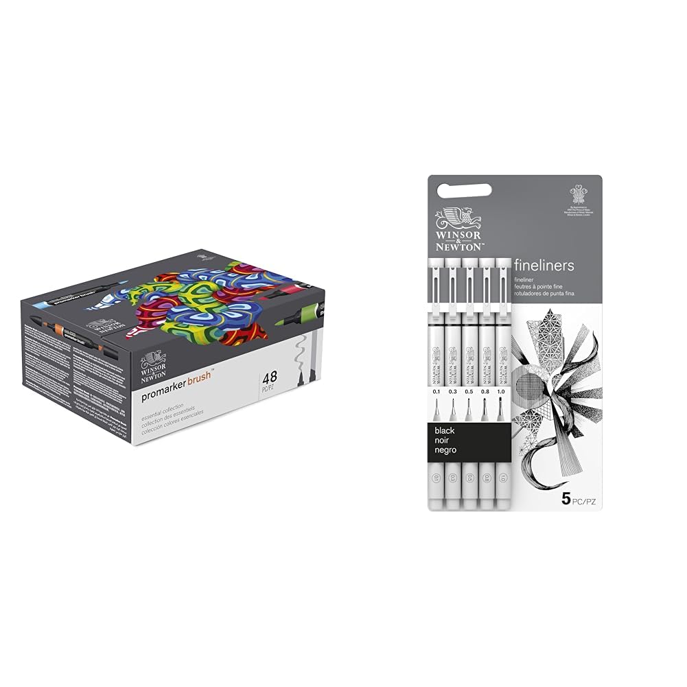 Winsor & Newton Promarker Brush Coffret X48 Collection des essentiels & Noir Fineliner Assortment Set