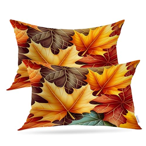 Batmerry Autumn Maple Leaves Throw Pillow Covers, Realistic Artistic Brightly Colored Decorative Pillow Covers Digital Printing Blended for Couch Sofa Bed Invisible Zipper 12X20 in(Set of 2)